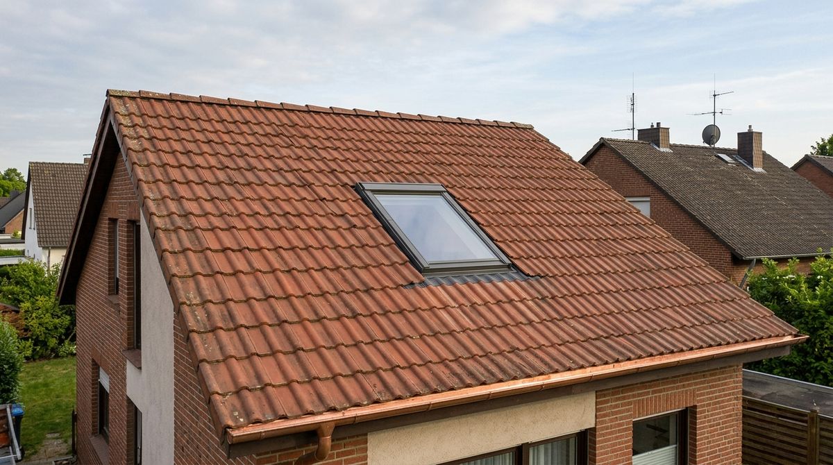 VELUX GVT Dachausstiegsfenster in geöffnetem Zustand auf Pfannendach