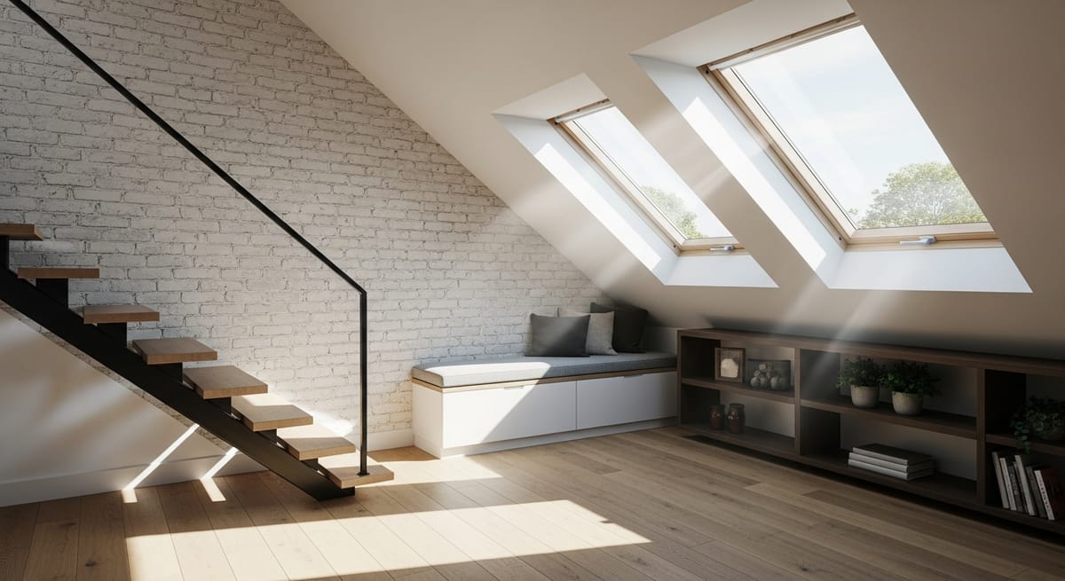 Modernes Dachgeschoss mit VELUX Dachfenstern und effektivem Sonnenschutz