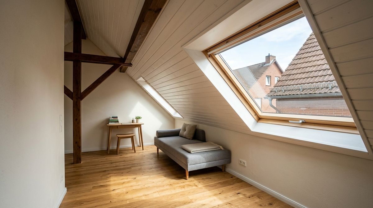 VELUX Hitzeschutz-Markise an einem Dachfenster im Sommer, Sonnenstrahlen werden außen abgehalten