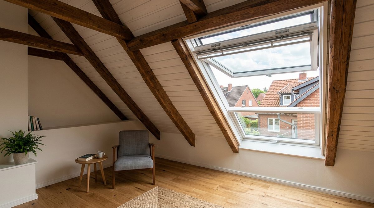Helles ausgebautes Dachgeschoss mit mehreren Dachfenstern an einem Sommertag