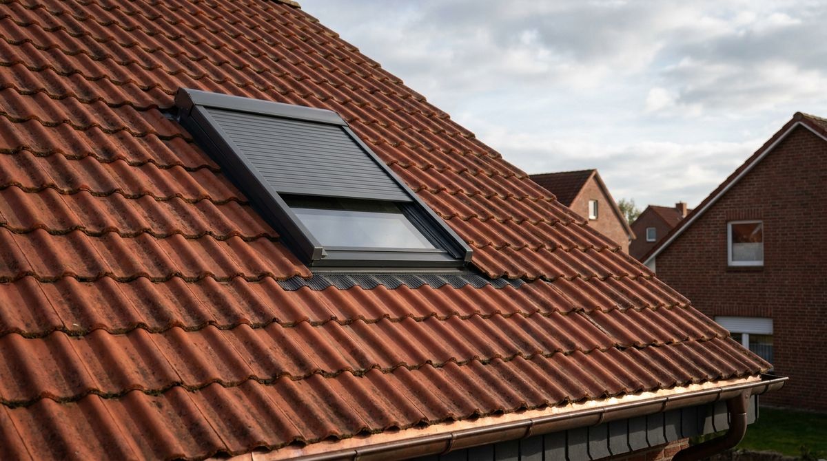 VELUX Dachfenster mit geschlossenem Außenrollladen auf einem Ziegeldach